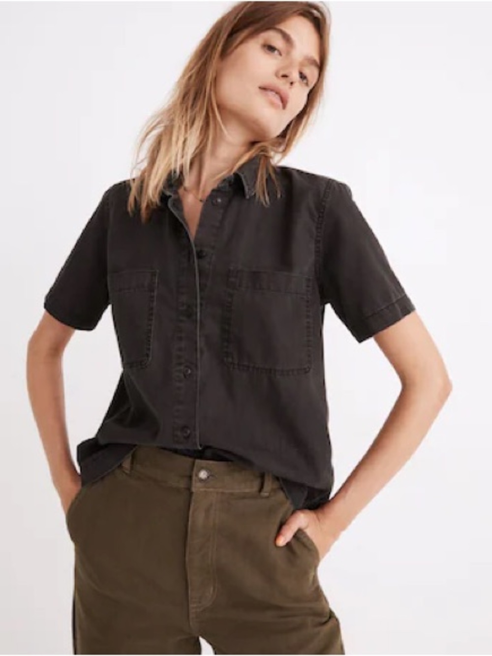 Denim Short-Sleeve Button-Up Shirt in Lunar Wash
